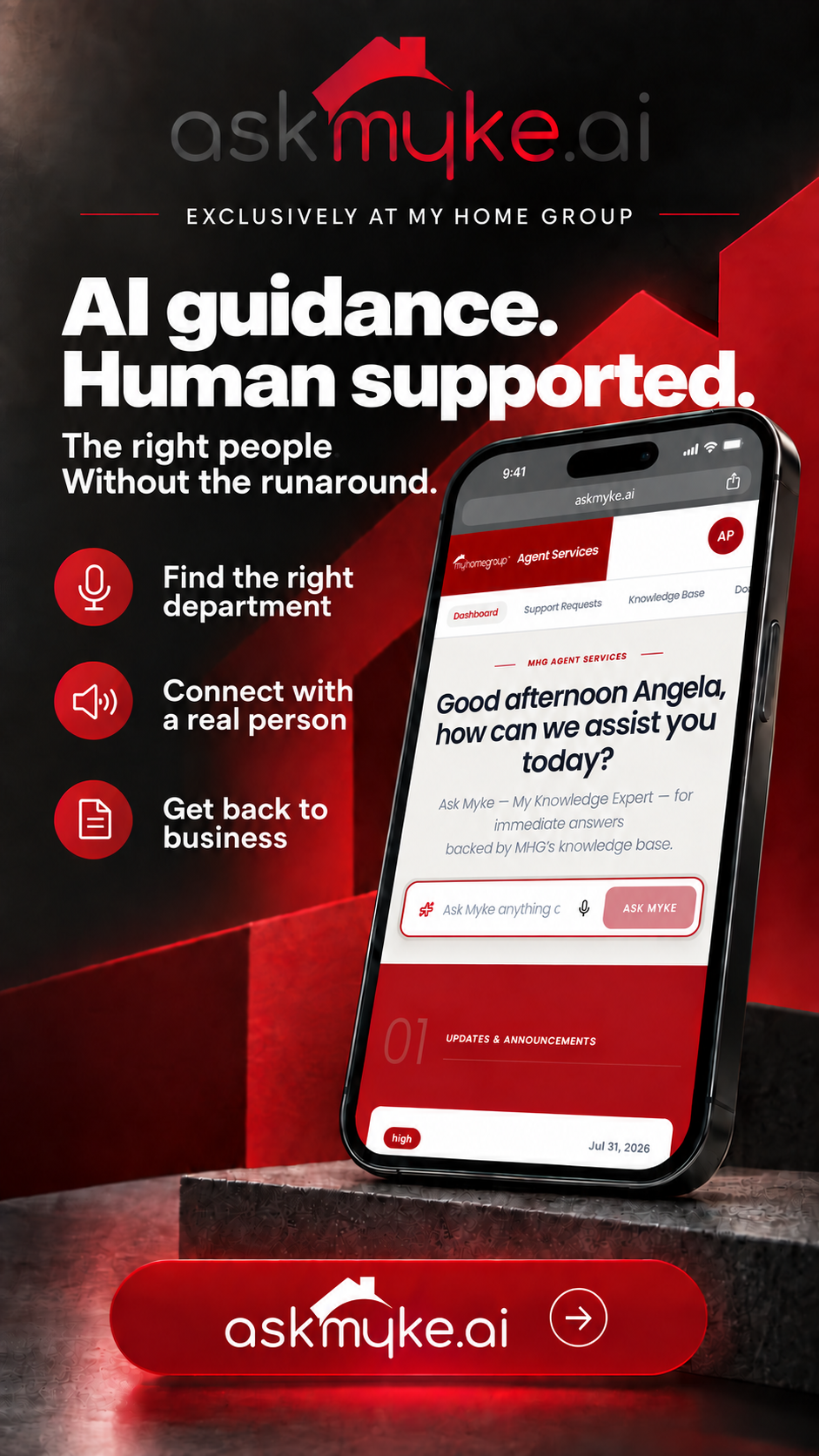 Ask Myke AI guidance tool on mobile device showing dashboard and voice activation